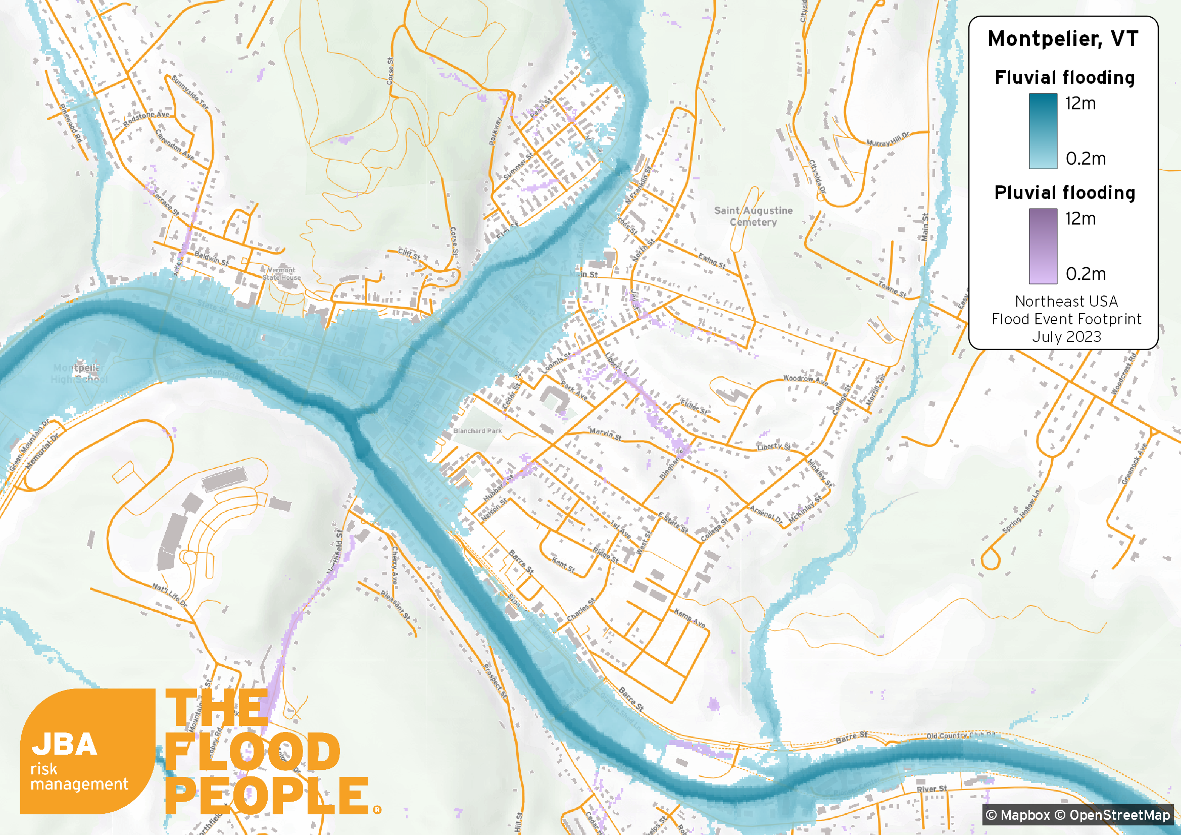 Map of fluvial and pluvial flooding in Monpelier, Vermont