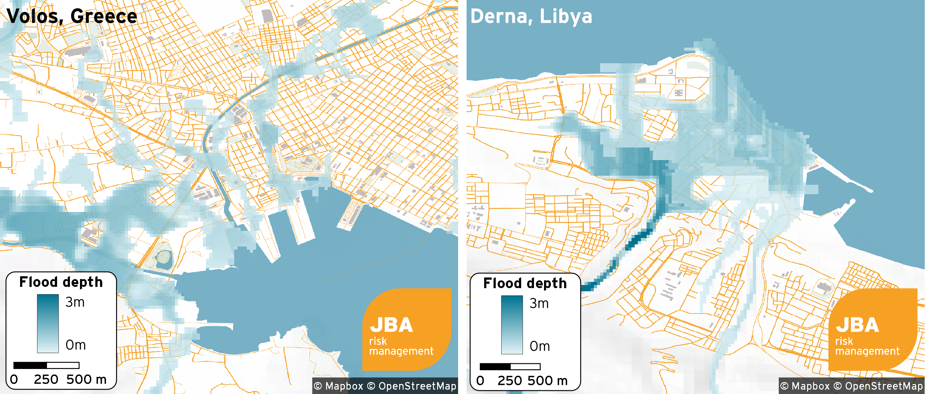 The flood depth map of Greece and Libya