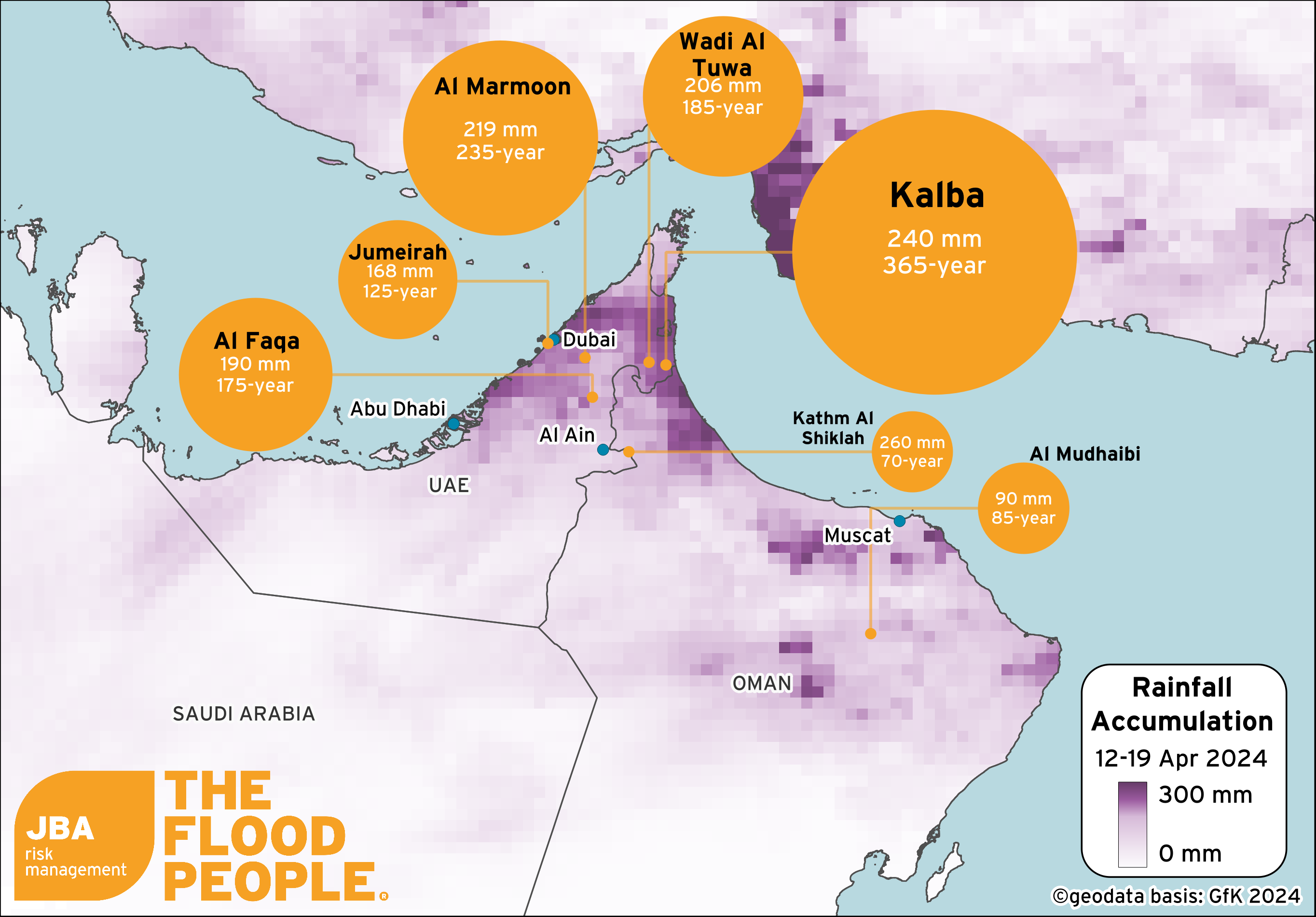 A map of UAE and Oman with rainfall accumulation data