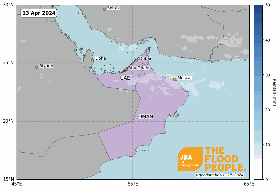 A map of UAE and Oman with rainfall animation